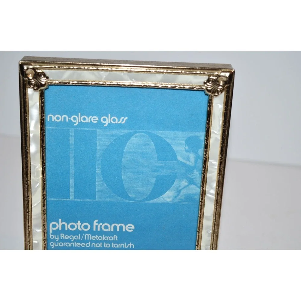 Vtg Brass Faux Mother of Pearl 5X7 Ornate Picture Photo Metal Frame Gold Trim